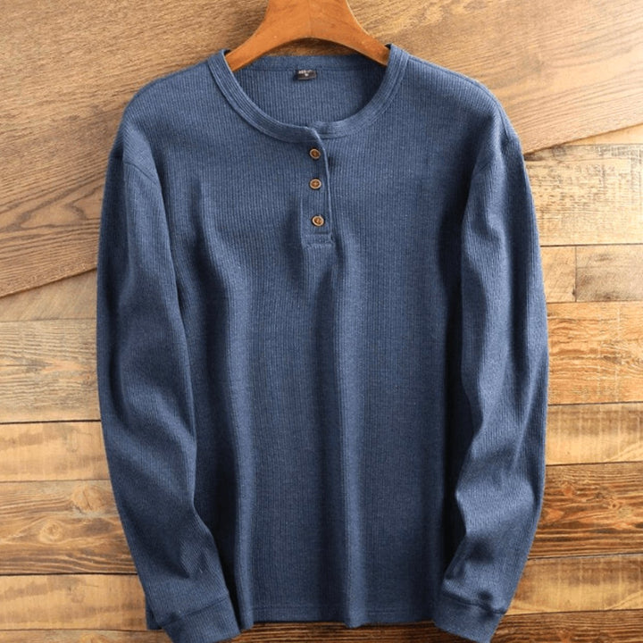 Men's Long Sleeve Waffle Knit Henley Shirt Relaxed Fit - Navy Blue