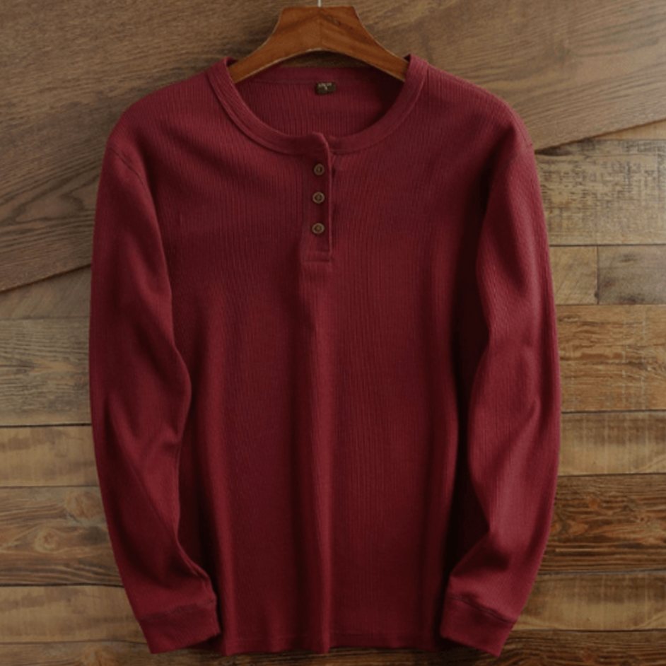 Men's Long Sleeve Waffle Knit Henley Shirt Relaxed Fit - Wine Red