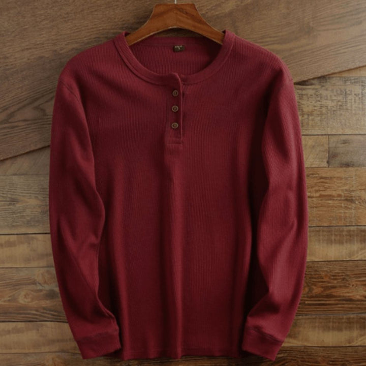 Men's Long Sleeve Waffle Knit Henley Shirt Relaxed Fit - Wine Red