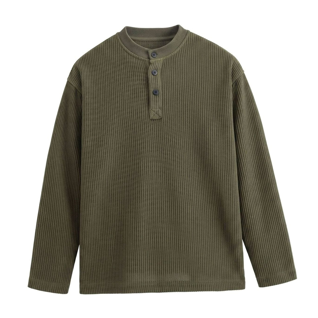 Men's Long Sleeve Waffle Knit Henley Shirt Relaxed Fit Stand Collar