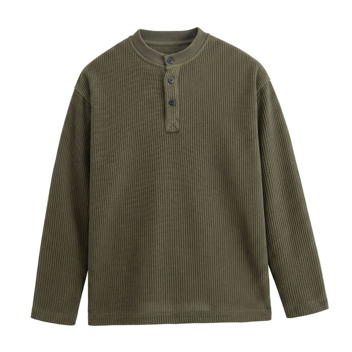 Men's Long Sleeve Waffle Knit Henley Shirt Relaxed Fit Stand Collar