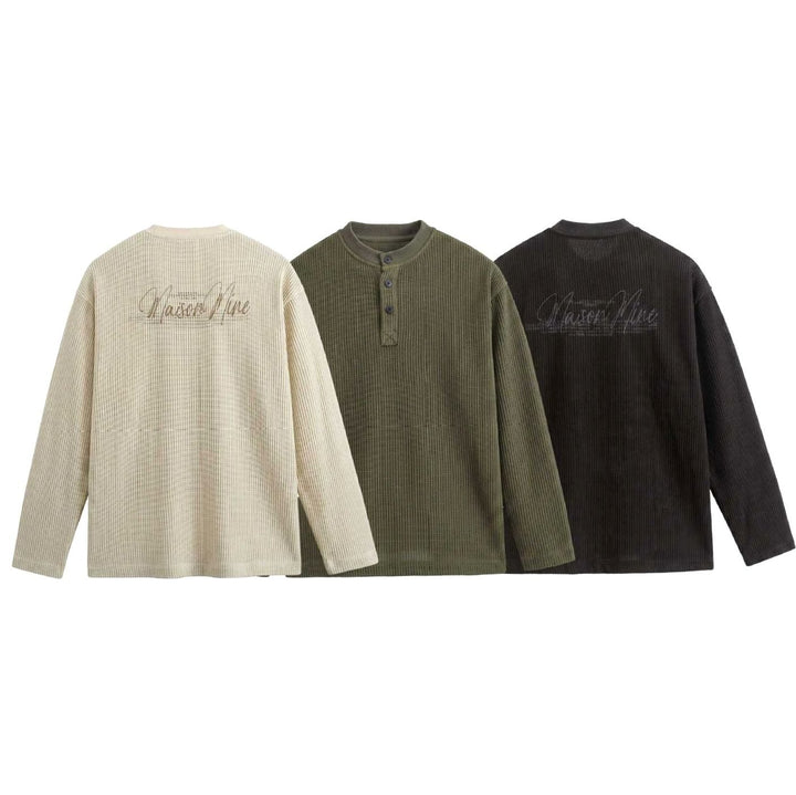Men's Long Sleeve Waffle Knit Henley Shirt Relaxed Fit Stand Collar