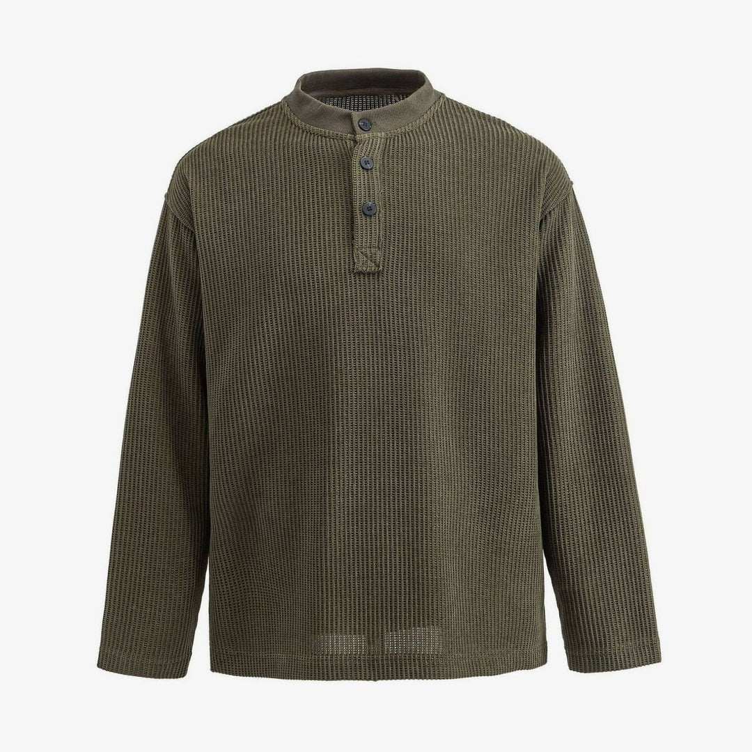 Men's Long Sleeve Waffle Knit Henley Shirt Relaxed Fit Stand Collar - Military Green