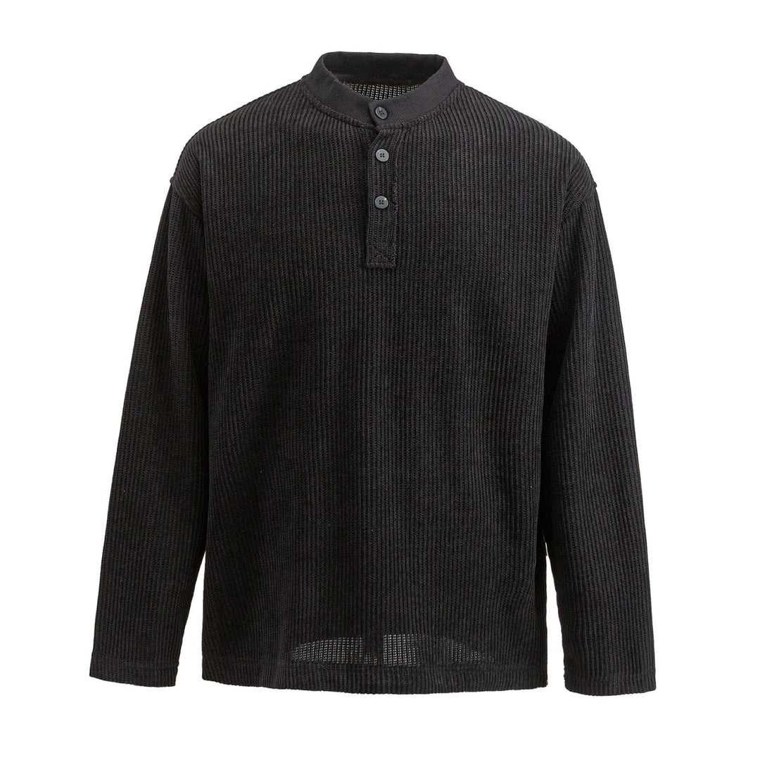 Men's Long Sleeve Waffle Knit Henley Shirt Relaxed Fit Stand Collar - Black