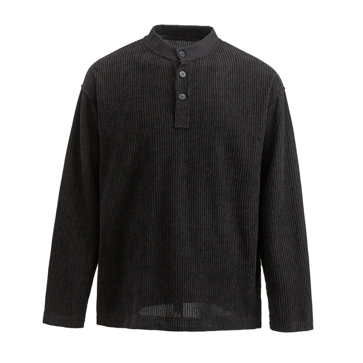 Men's Long Sleeve Waffle Knit Henley Shirt Relaxed Fit Stand Collar - Black