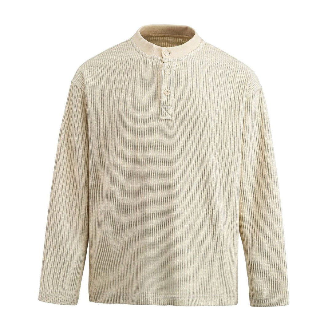Men's Long Sleeve Waffle Knit Henley Shirt Relaxed Fit Stand Collar - Ecru White