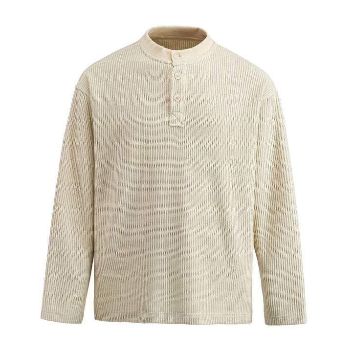 Men's Long Sleeve Waffle Knit Henley Shirt Relaxed Fit Stand Collar - Ecru White