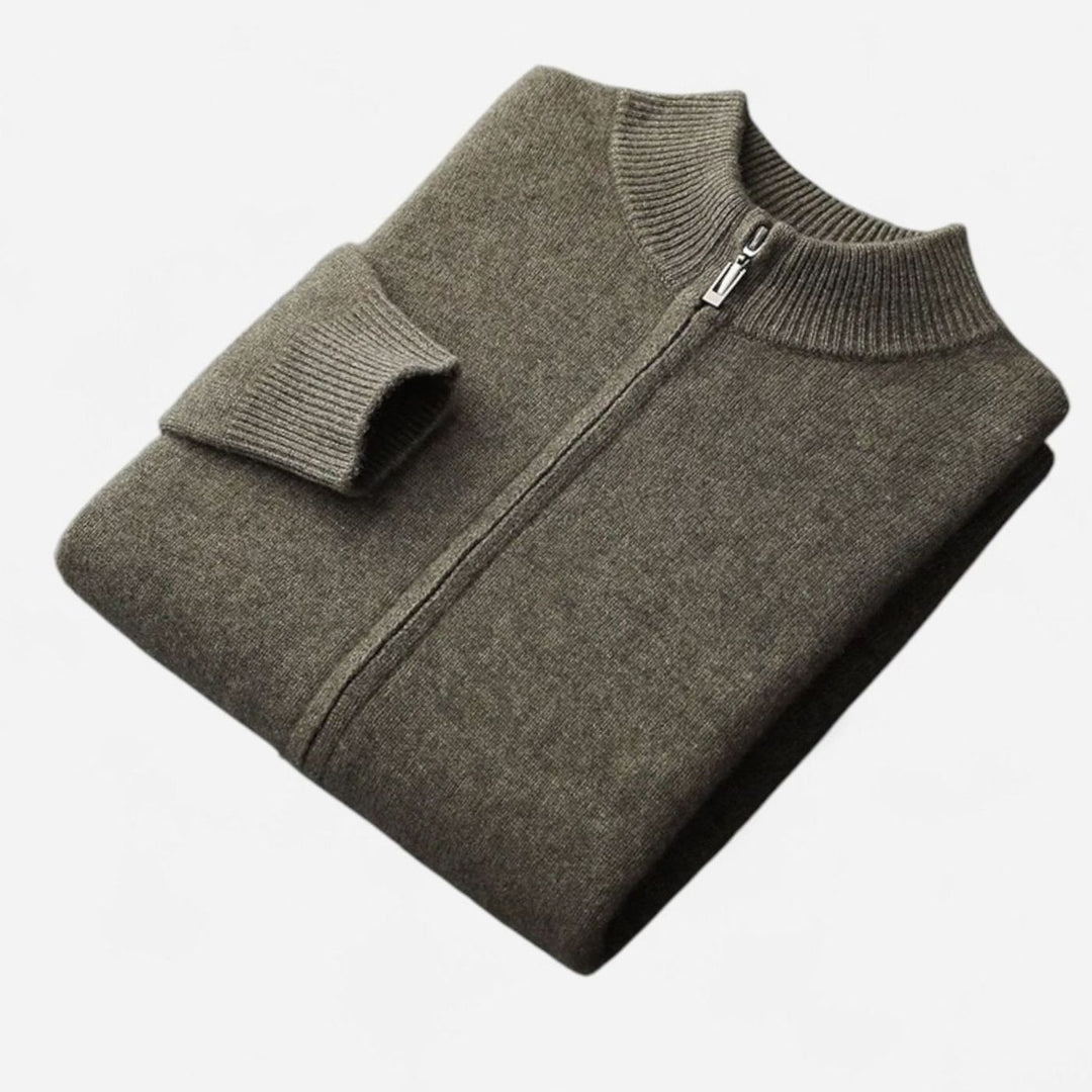 Men's Merino Wool Full-Zip Stand-Collar Cardigan Sweater - Army Green
