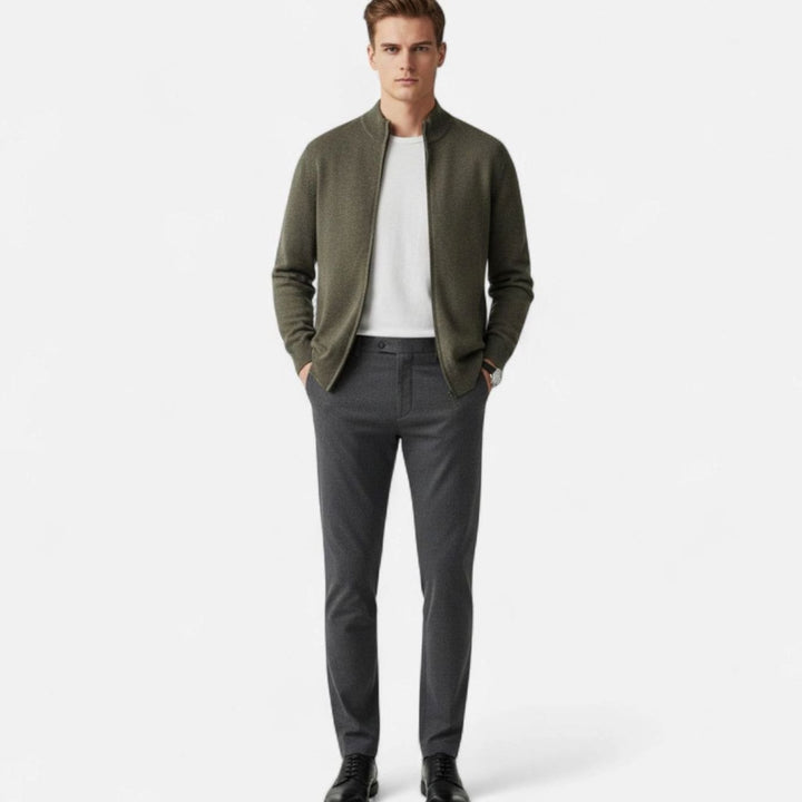 Men's Merino Wool Full-Zip Stand-Collar Cardigan Sweater
