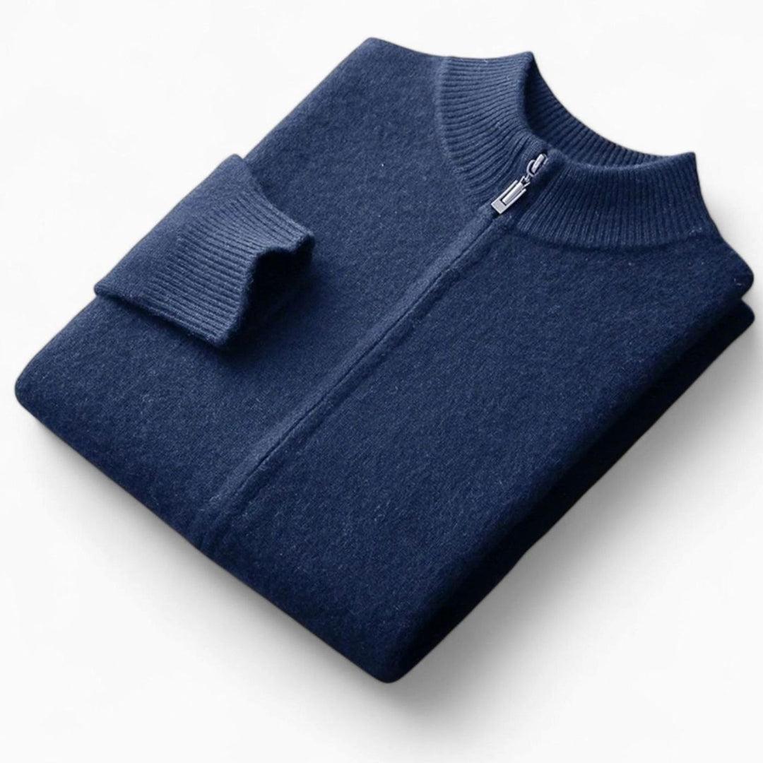 Men's Merino Wool Full-Zip Stand-Collar Cardigan Sweater - Blue