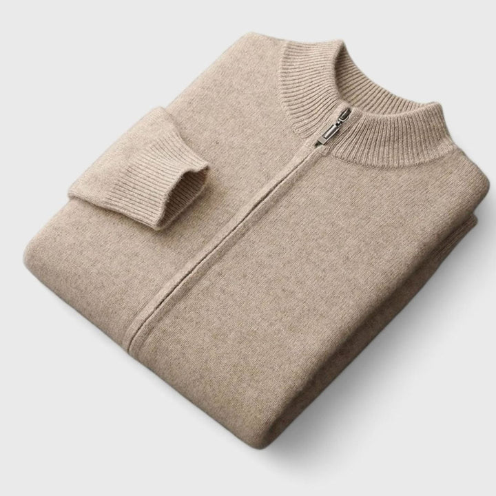 Men's Merino Wool Full-Zip Stand-Collar Cardigan Sweater - Beige