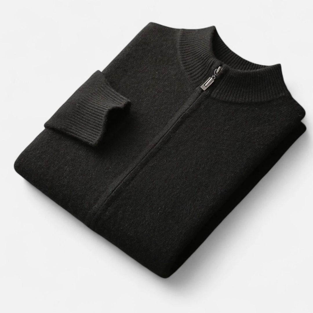 Men's Merino Wool Full-Zip Stand-Collar Cardigan Sweater - Black