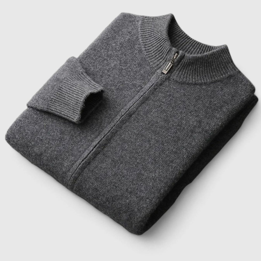 Men's Merino Wool Full-Zip Stand-Collar Cardigan Sweater - Grey
