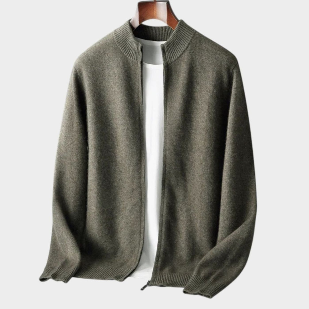 Men's Merino Wool Full-Zip Stand-Collar Cardigan Sweater