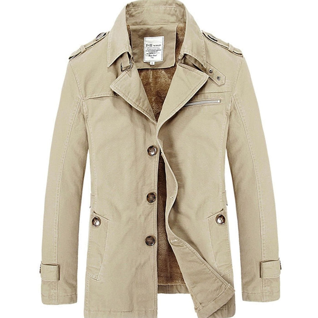 Men's Military-Inspired Fleece-Lined Button-Front Short Coat - Khaki