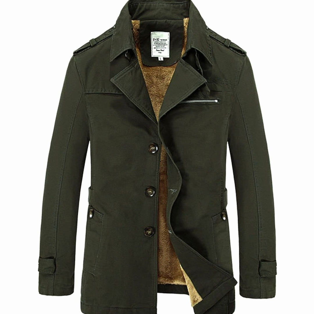 Men's Military-Inspired Fleece-Lined Button-Front Short Coat - Green