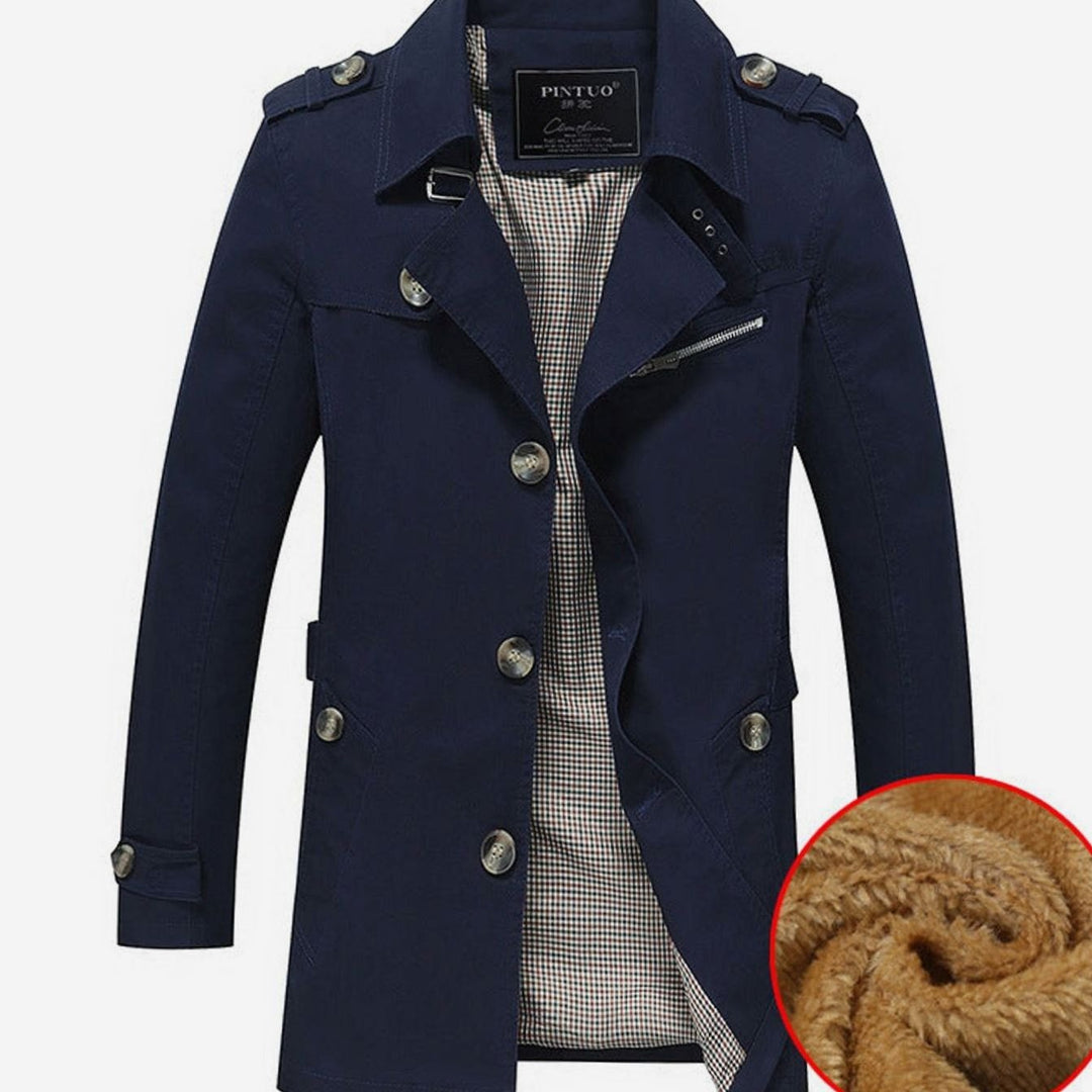 Men's Military-Inspired Fleece-Lined Button-Front Short Coat - Navy Blue
