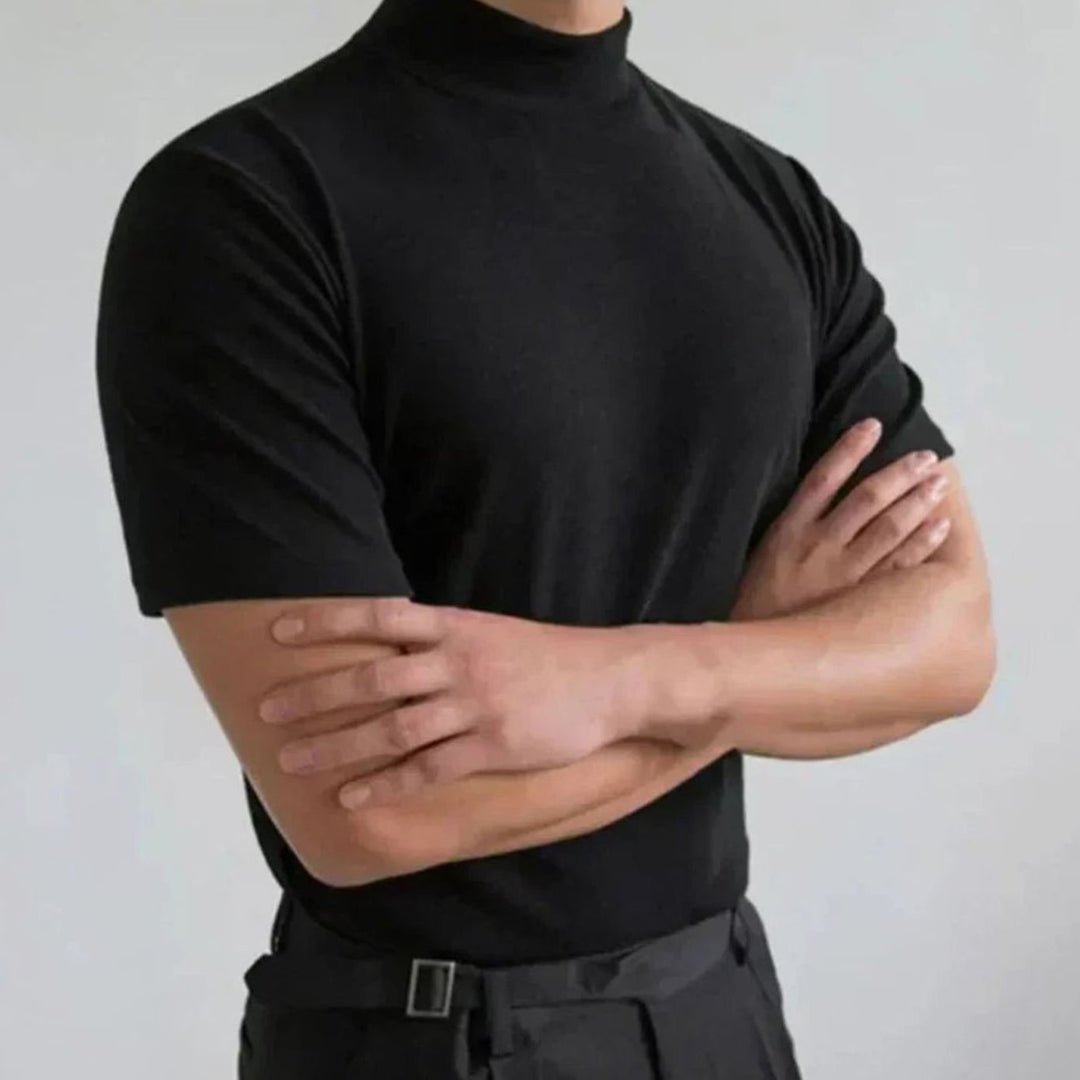 Men's Mock Neck Short Sleeve Knit Shirt Slim Fit Tee - Black