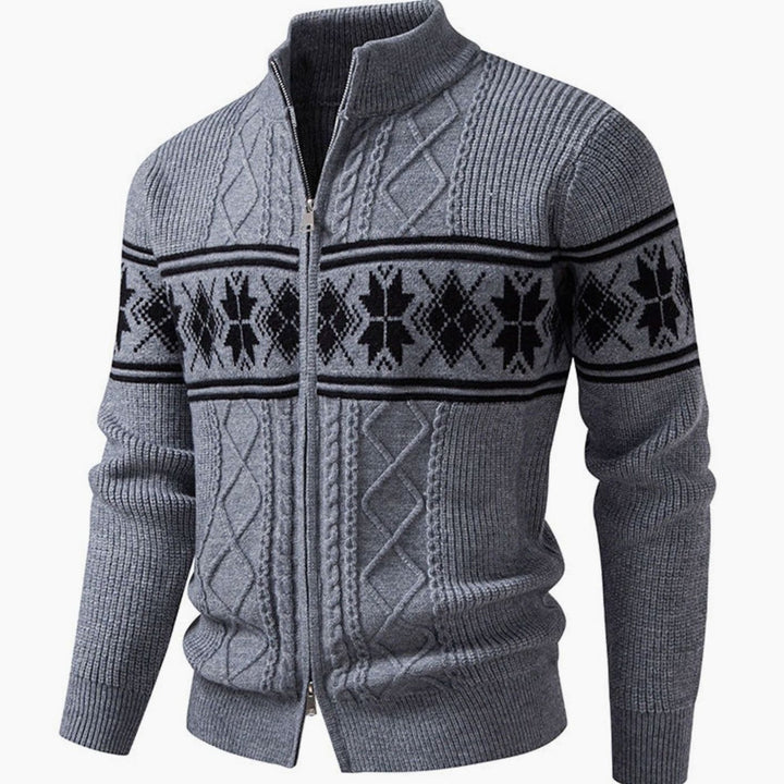 Men's Norwegian Cable-Knit Full-Zip Stand-Collar Cardigan Sweater - Gray
