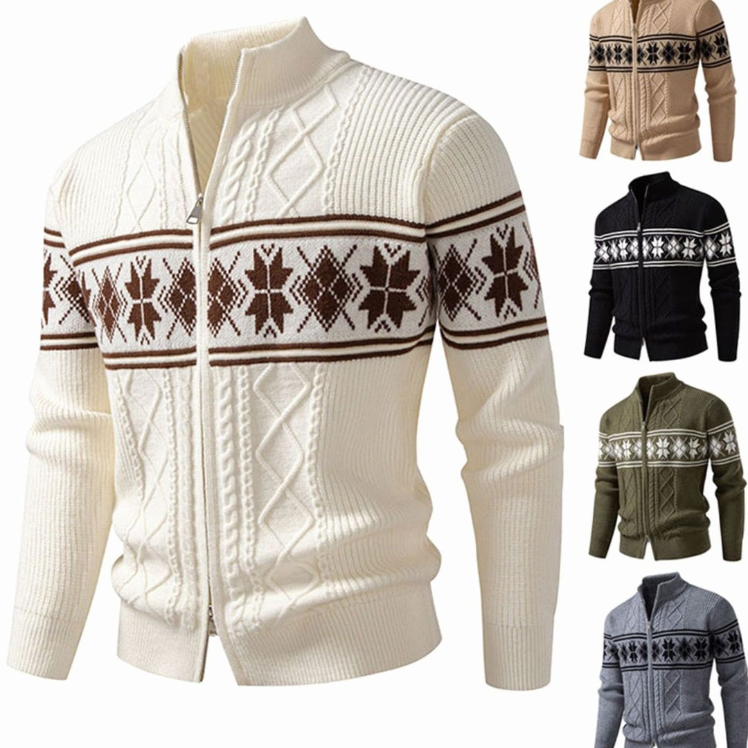 Men's Norwegian Cable-Knit Full-Zip Stand-Collar Cardigan Sweater
