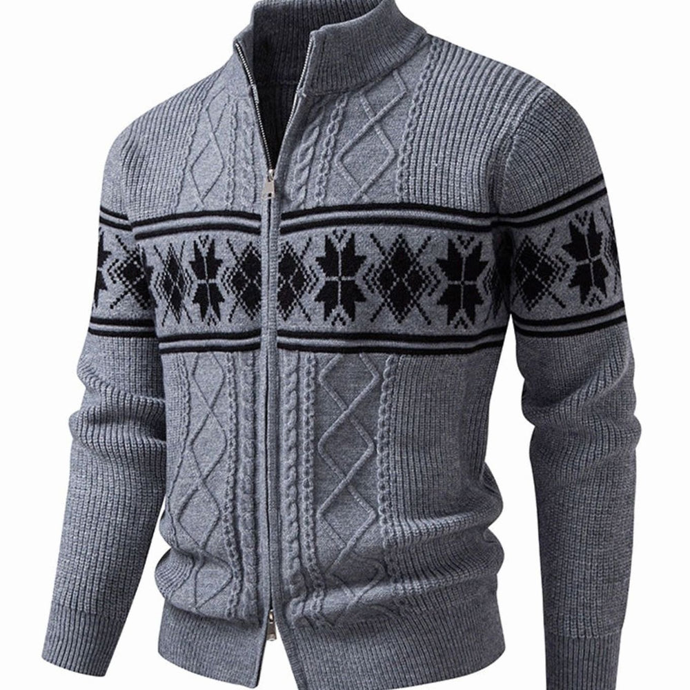 Men's Norwegian Cable-Knit Full-Zip Stand-Collar Cardigan Sweater
