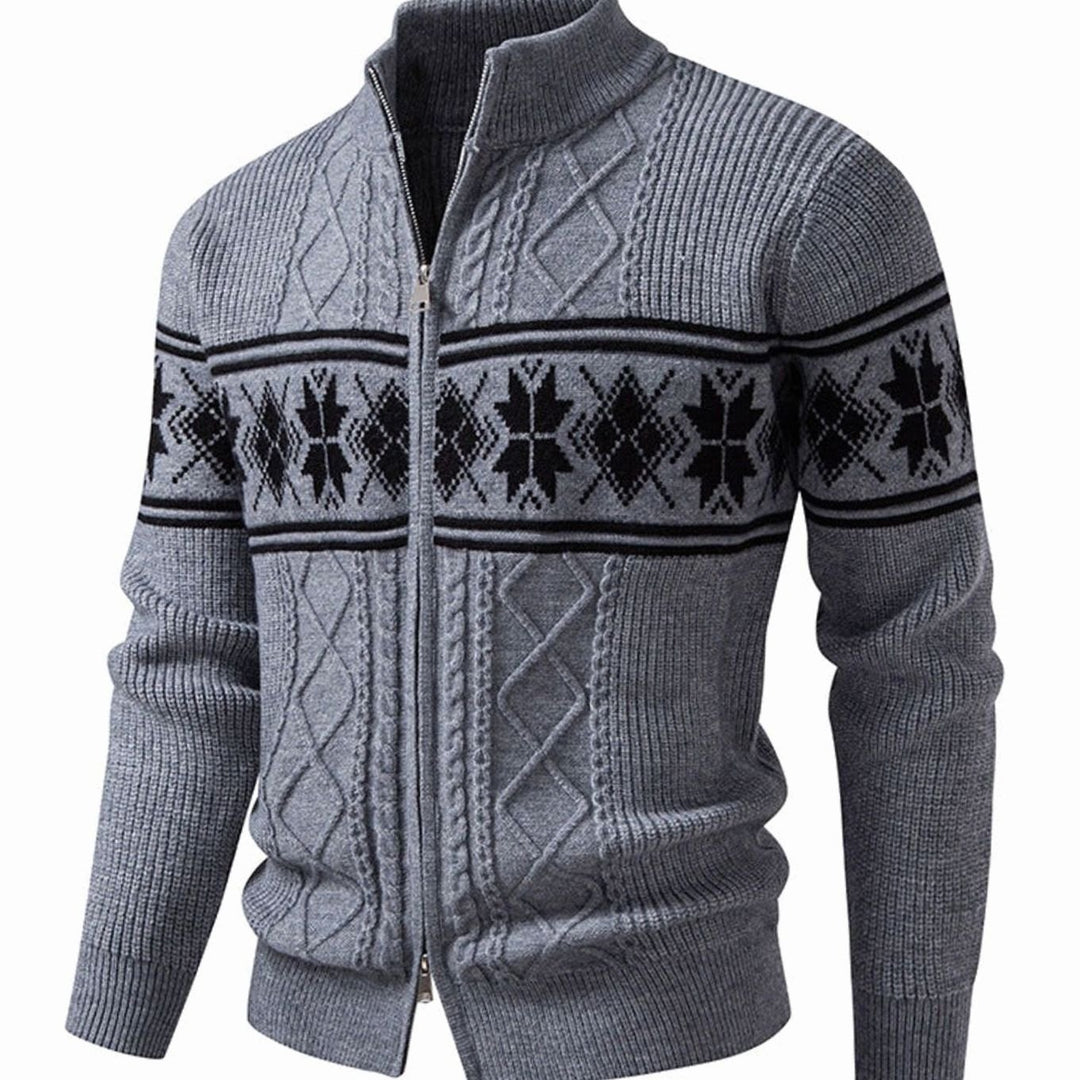 Men's Norwegian Cable-Knit Full-Zip Stand-Collar Cardigan Sweater