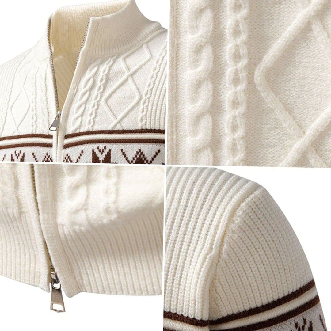 Men's Norwegian Cable-Knit Full-Zip Stand-Collar Cardigan Sweater