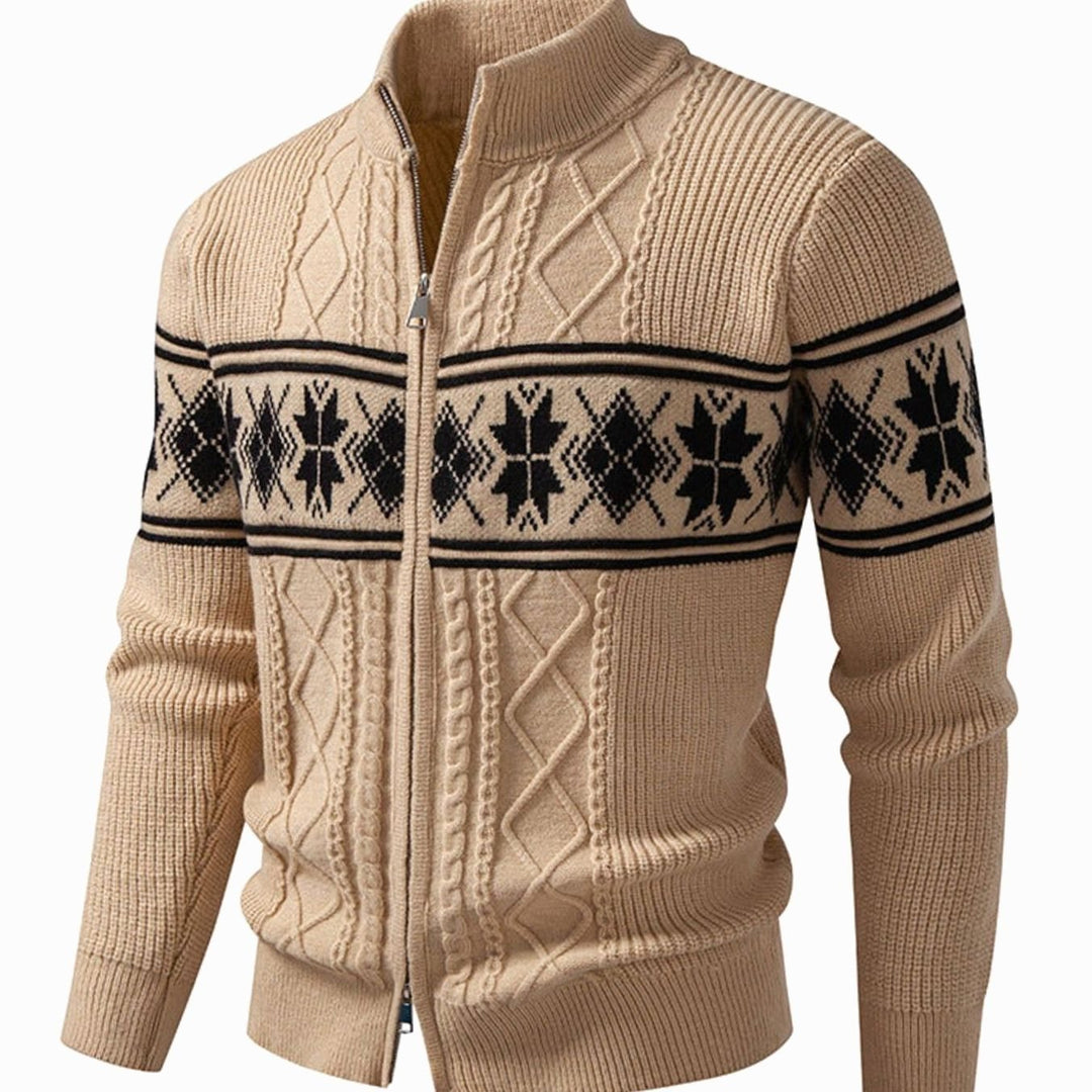 Men's Norwegian Cable-Knit Full-Zip Stand-Collar Cardigan Sweater - Khaki