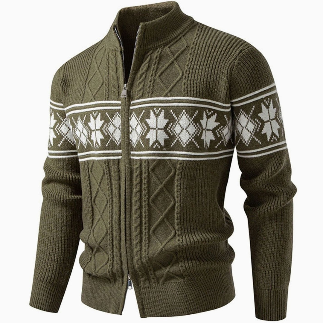 Men's Norwegian Cable-Knit Full-Zip Stand-Collar Cardigan Sweater - Dark Brown