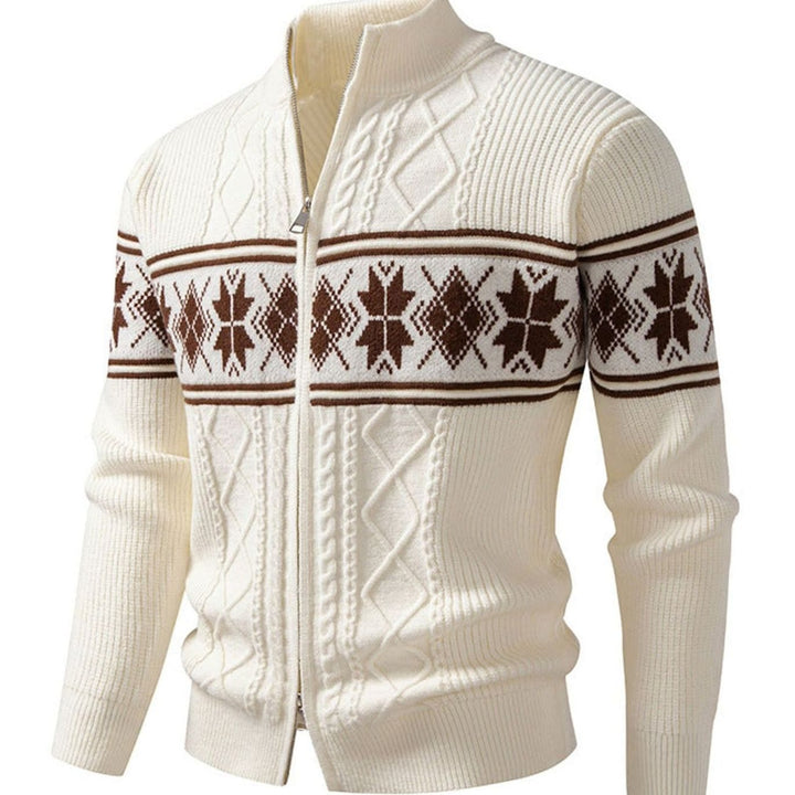 Men's Norwegian Cable-Knit Full-Zip Stand-Collar Cardigan Sweater - Cream White
