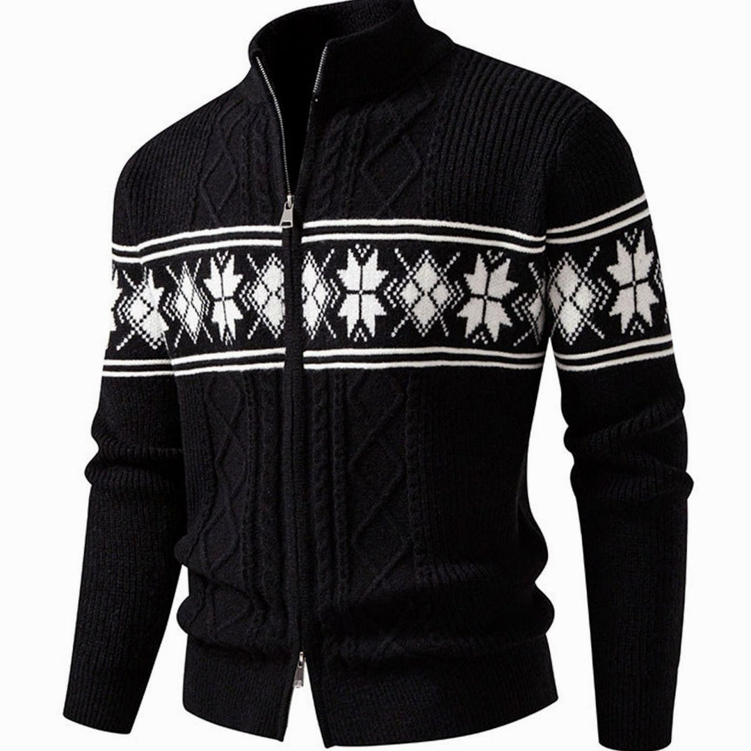 Men's Norwegian Cable-Knit Full-Zip Stand-Collar Cardigan Sweater - Black