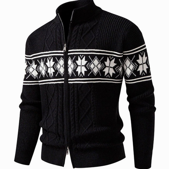 Men's Norwegian Cable-Knit Full-Zip Stand-Collar Cardigan Sweater - Black