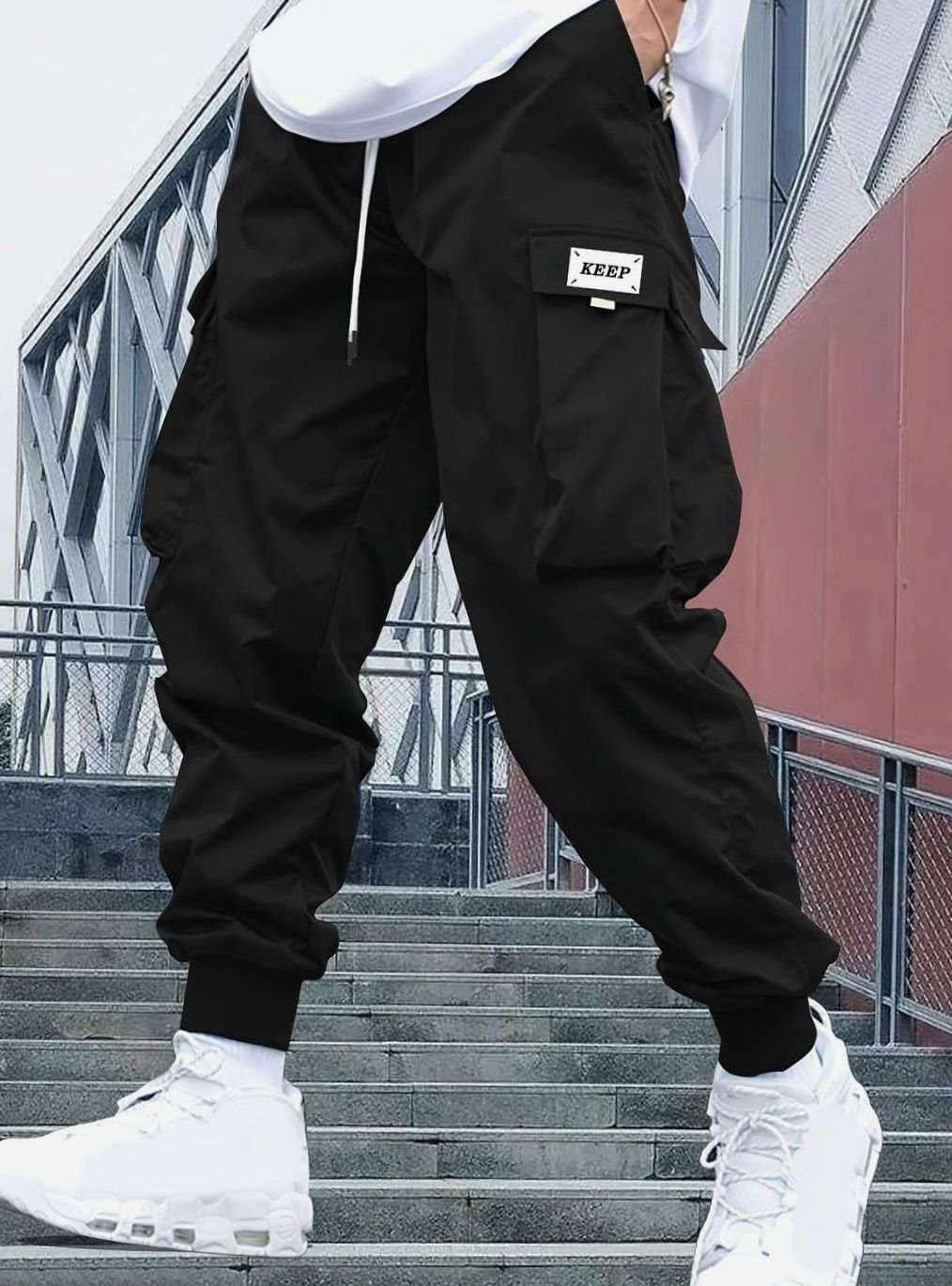 Men's Nylon Cargo Jogger Pants Drawstring Ribbed-Cuff