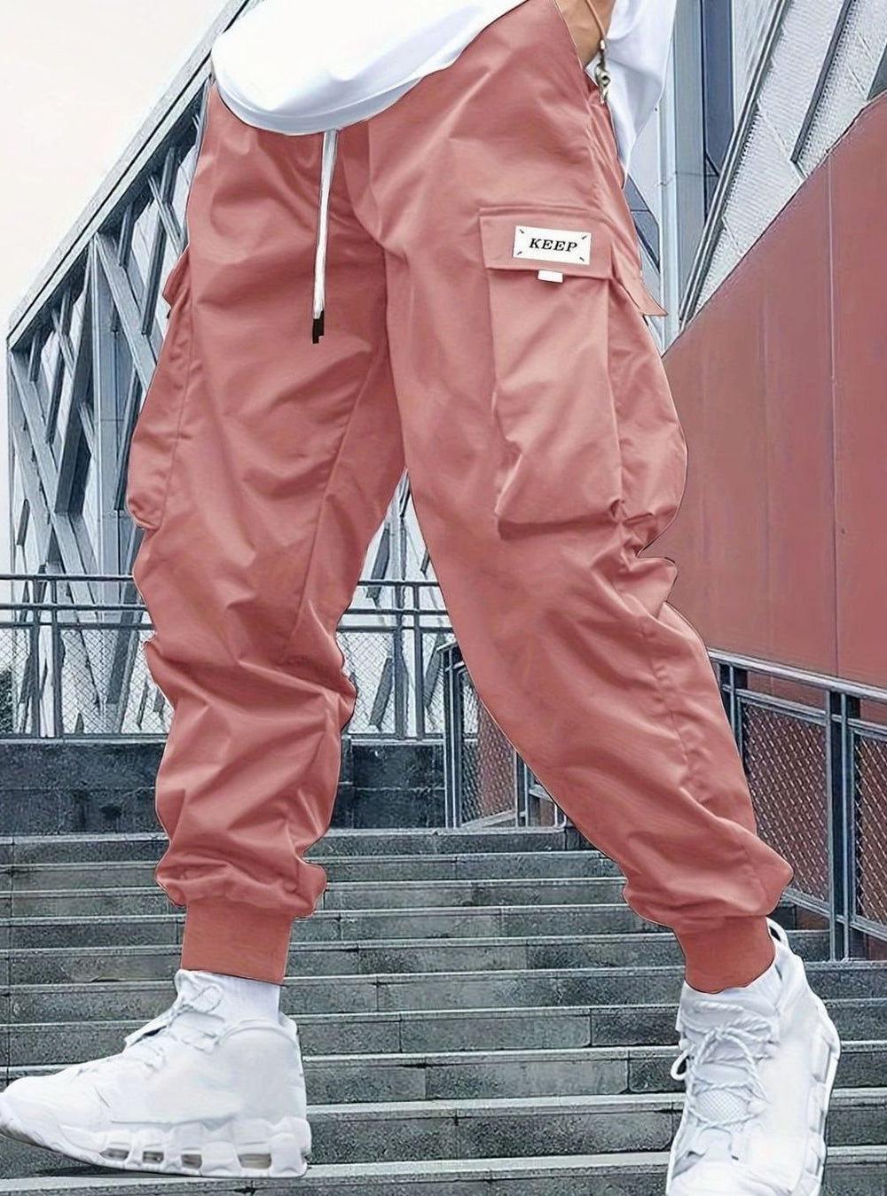 Men's Nylon Cargo Jogger Pants Drawstring Ribbed-Cuff