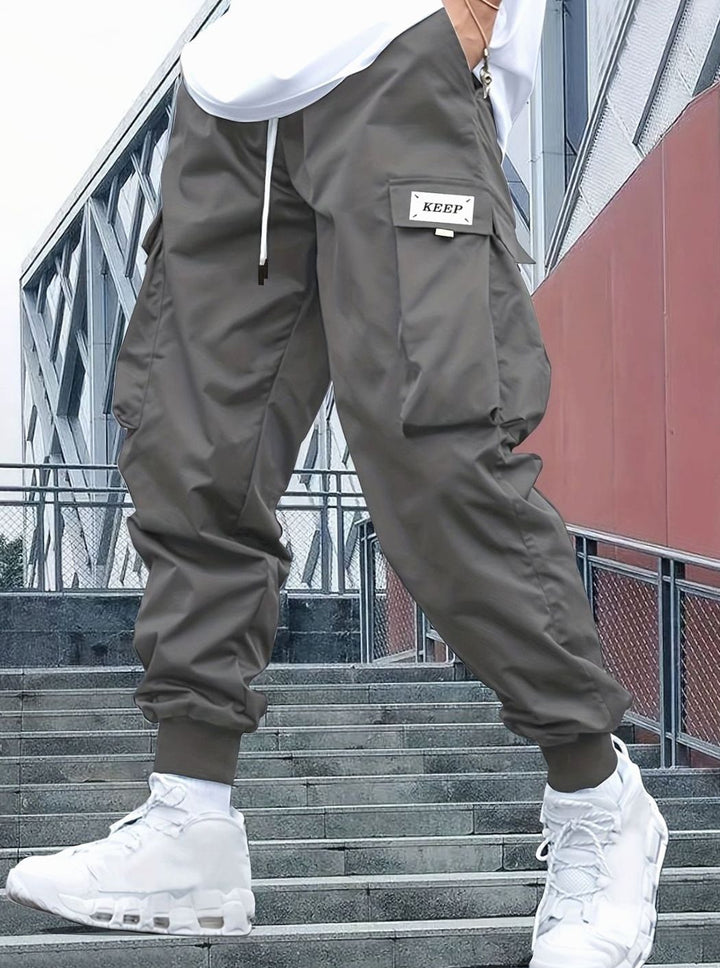 Men's Nylon Cargo Jogger Pants Drawstring Ribbed-Cuff