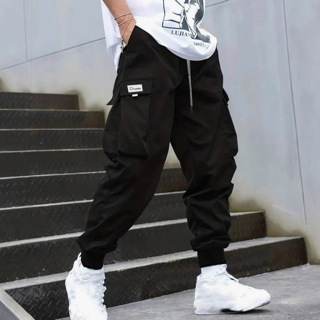 Men's Nylon Cargo Jogger Pants Drawstring Ribbed-Cuff - Black