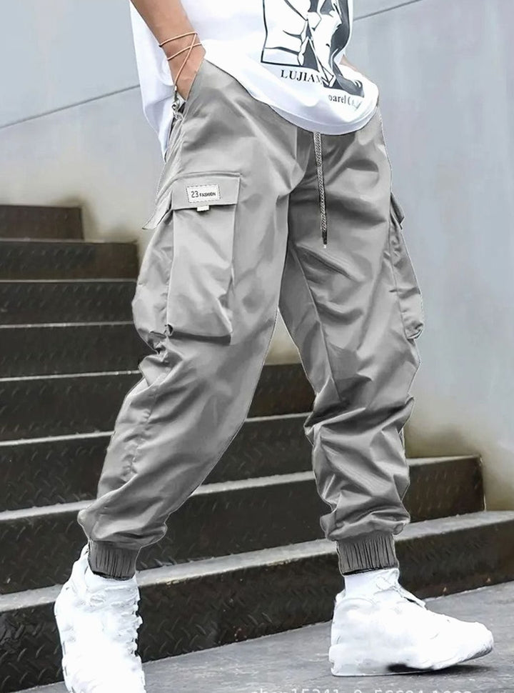 Men's Nylon Cargo Jogger Pants Drawstring Ribbed-Cuff - Gray
