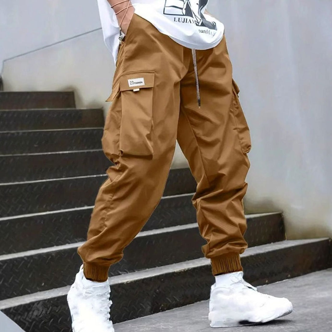 Men's Nylon Cargo Jogger Pants Drawstring Ribbed-Cuff - Khaki