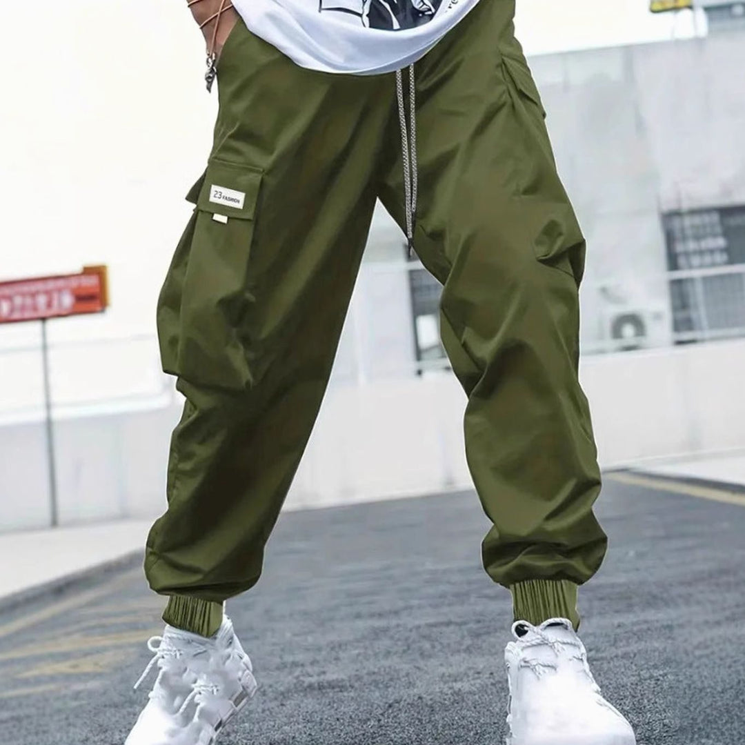 Men's Nylon Cargo Jogger Pants Drawstring Ribbed-Cuff - Green