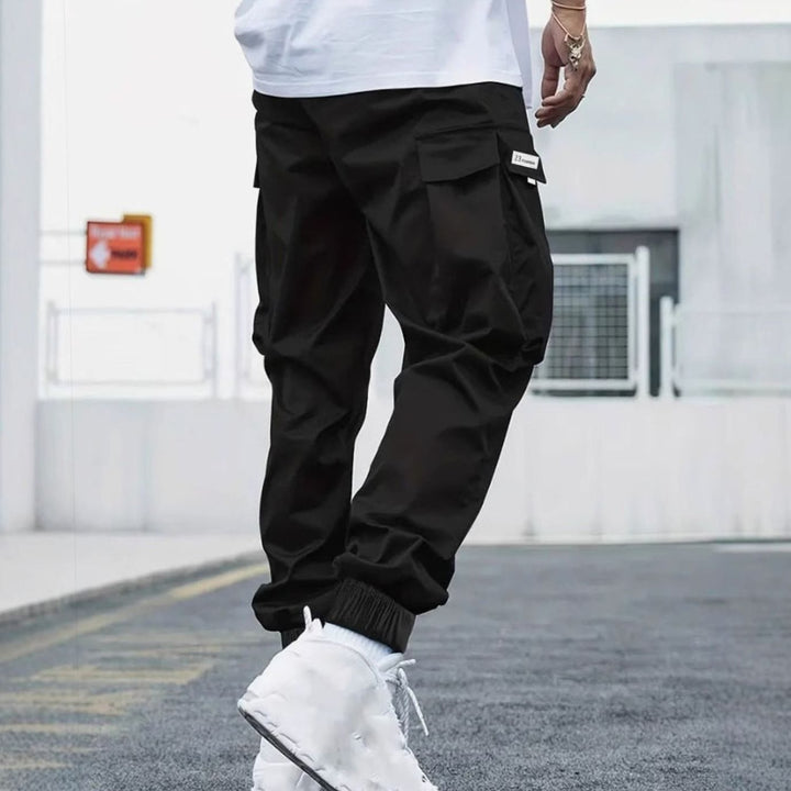 Men's Nylon Cargo Jogger Pants Drawstring Ribbed-Cuff
