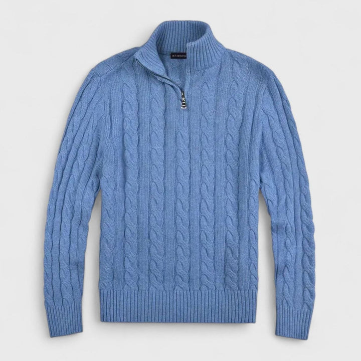Men's Old Money Cable-Knit Quarter-Zip Sweater - Sky Blue