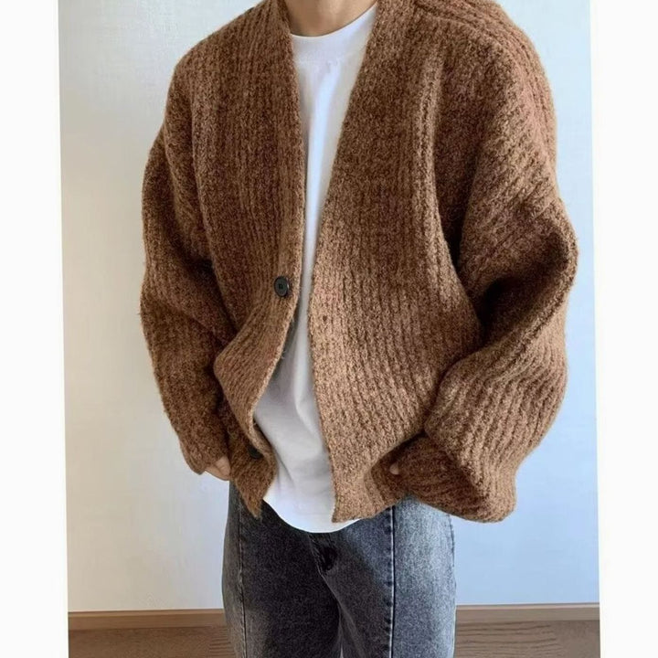 Men's Oversized Button-Front Knit Cardigan Sweater - Coffee Brown