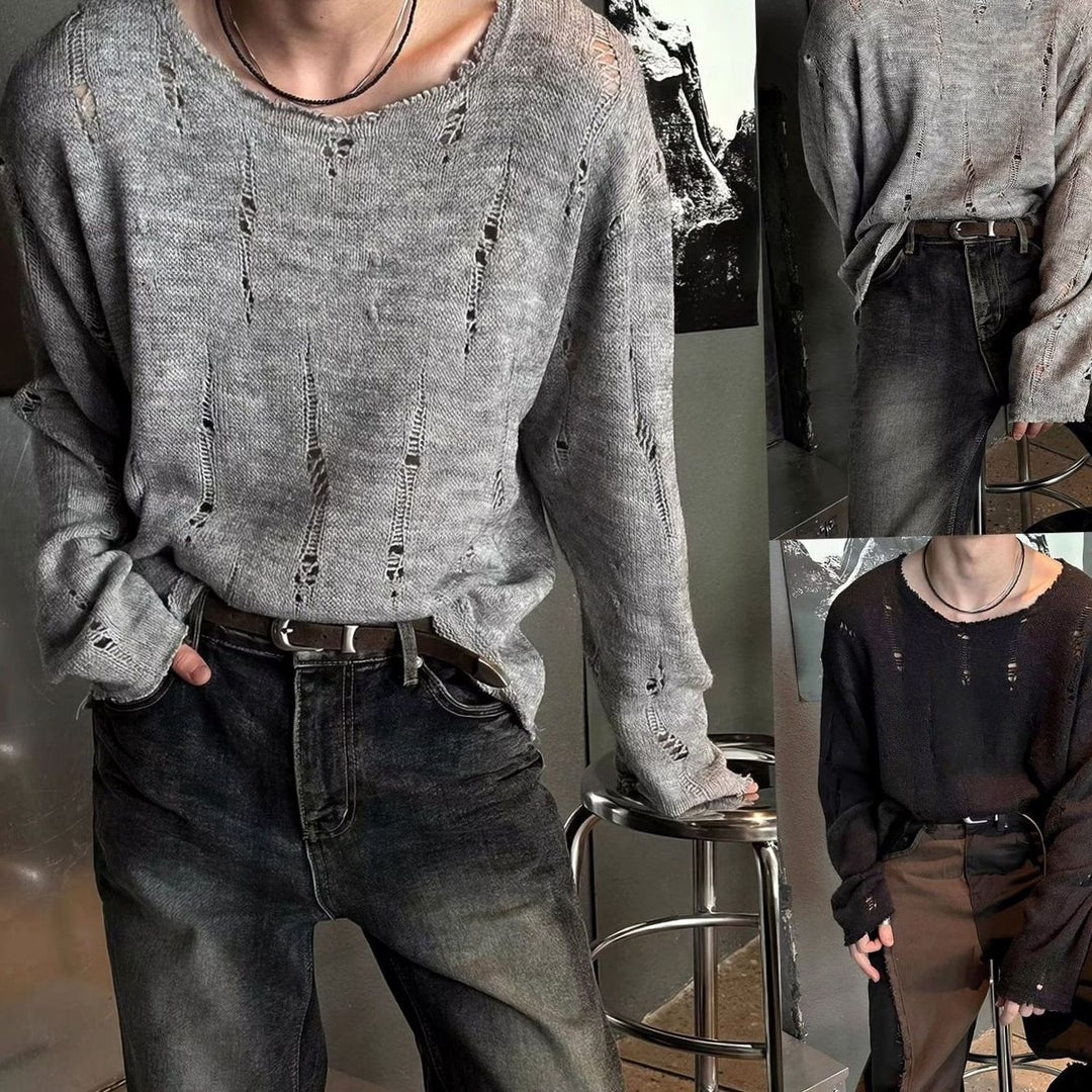 Men's Oversized Distressed Crewneck Knit Sweater