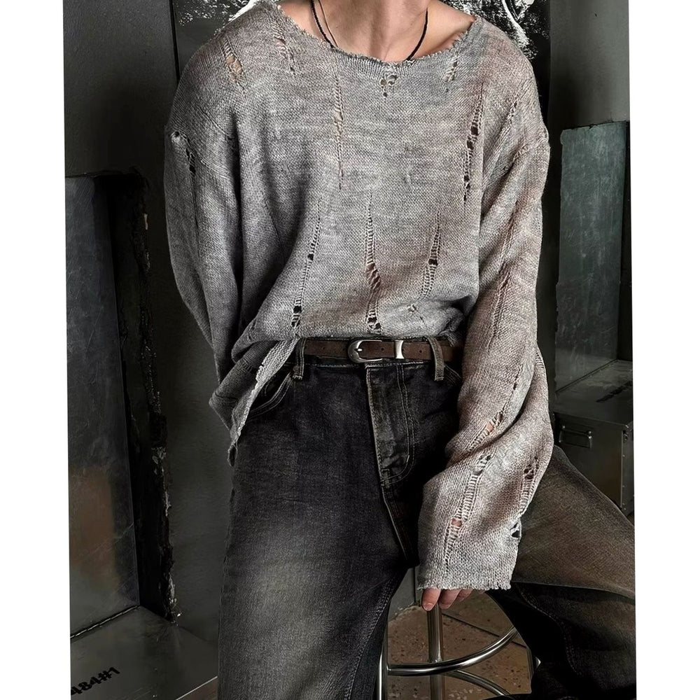 Men's Oversized Distressed Crewneck Knit Sweater