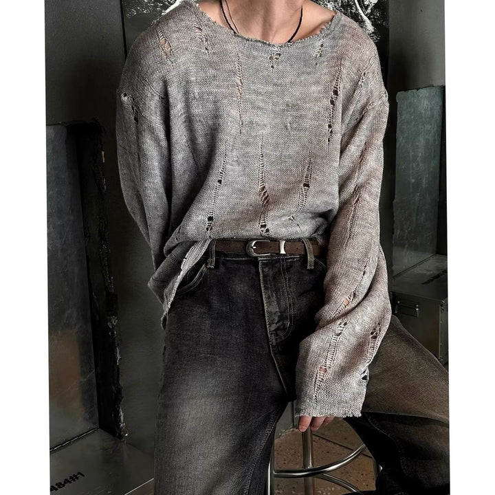 Men's Oversized Distressed Crewneck Knit Sweater