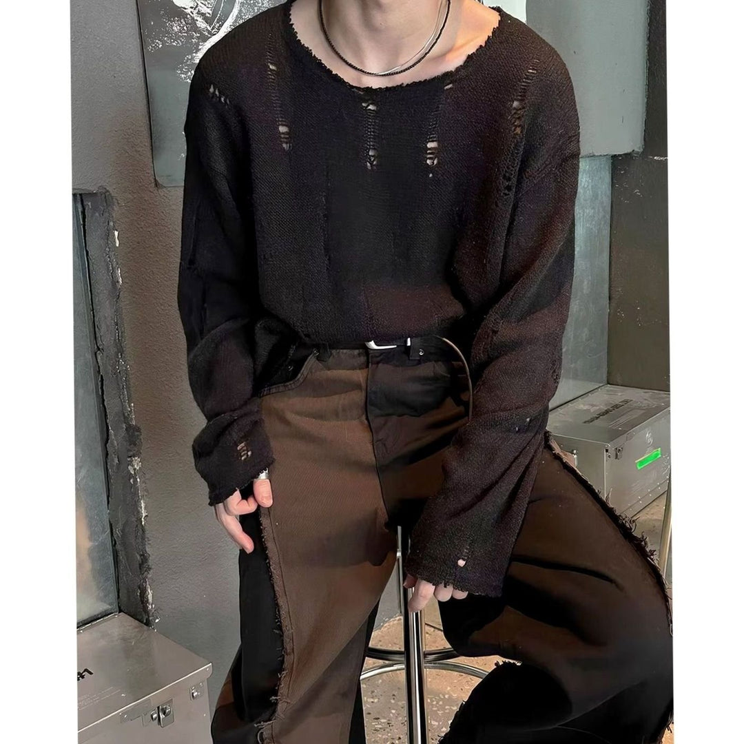 Men's Oversized Distressed Crewneck Knit Sweater