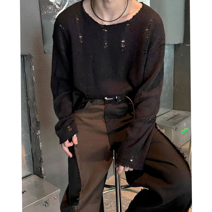 Men's Oversized Distressed Crewneck Knit Sweater