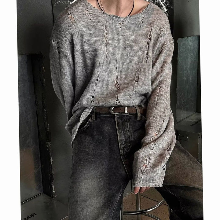 Men's Oversized Distressed Crewneck Knit Sweater - Gray