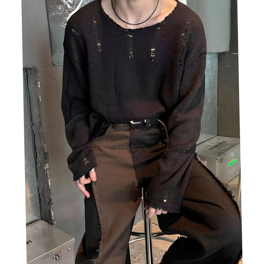 Men's Oversized Distressed Crewneck Knit Sweater - Black
