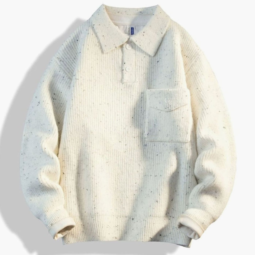 Men's Oversized Ribbed Knit Polo Sweater with Chest Pocket